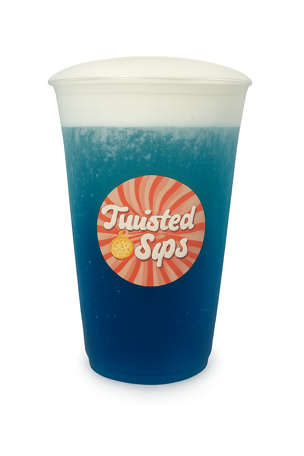 A 7up based drink called Sharknado which is blue in color and topped with cold foam sold at twisted sips 