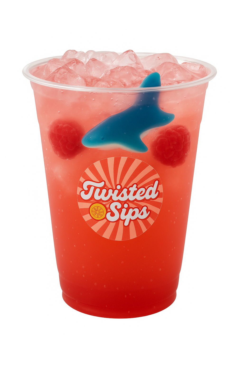 A lemonade-based drink called Unlucky Ducky sold at Twisted Sips which is red in color with fresh raspberries and raspberry puree.