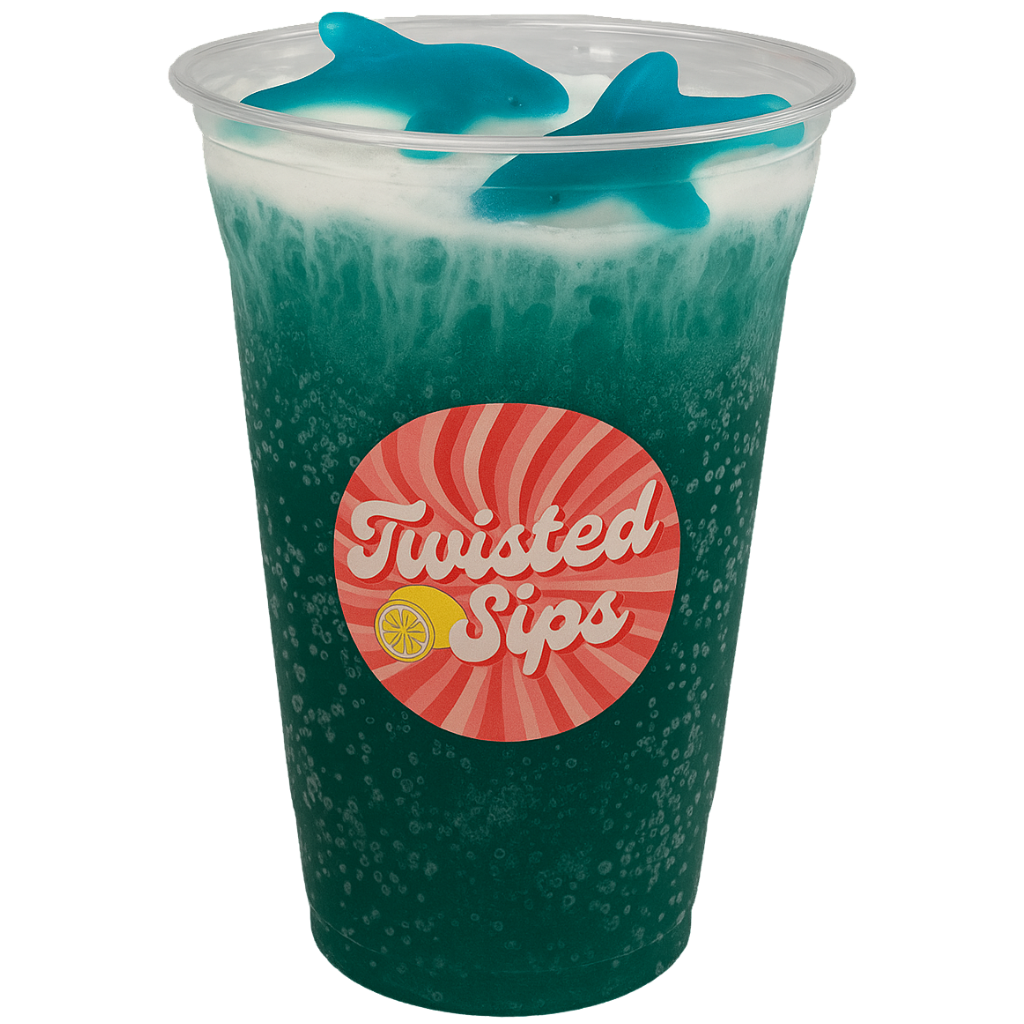 a cream soda base drink called SHARK ATTACK with blue raspberry flavoring  topped with cold foam and gummy sharks