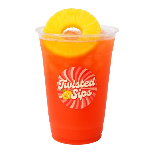 A pineapple juice based drink named The Patrick Star which is pink in color with a strawberry and coconut taste with a pineapple slice on top. 