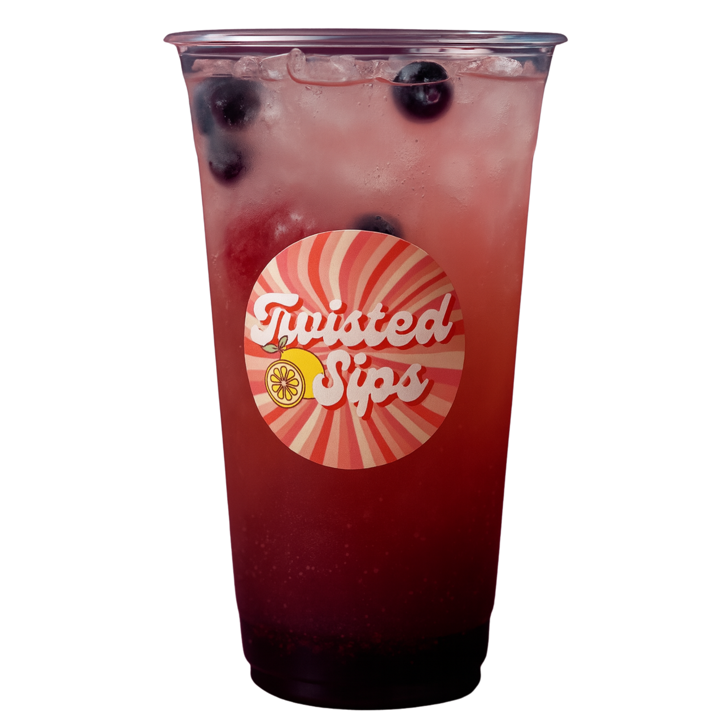 A lemonade based sour drink called Tropical Tart Paradise sold at Twisted Sips which is red in color with fresh raspberries and blueberries. 